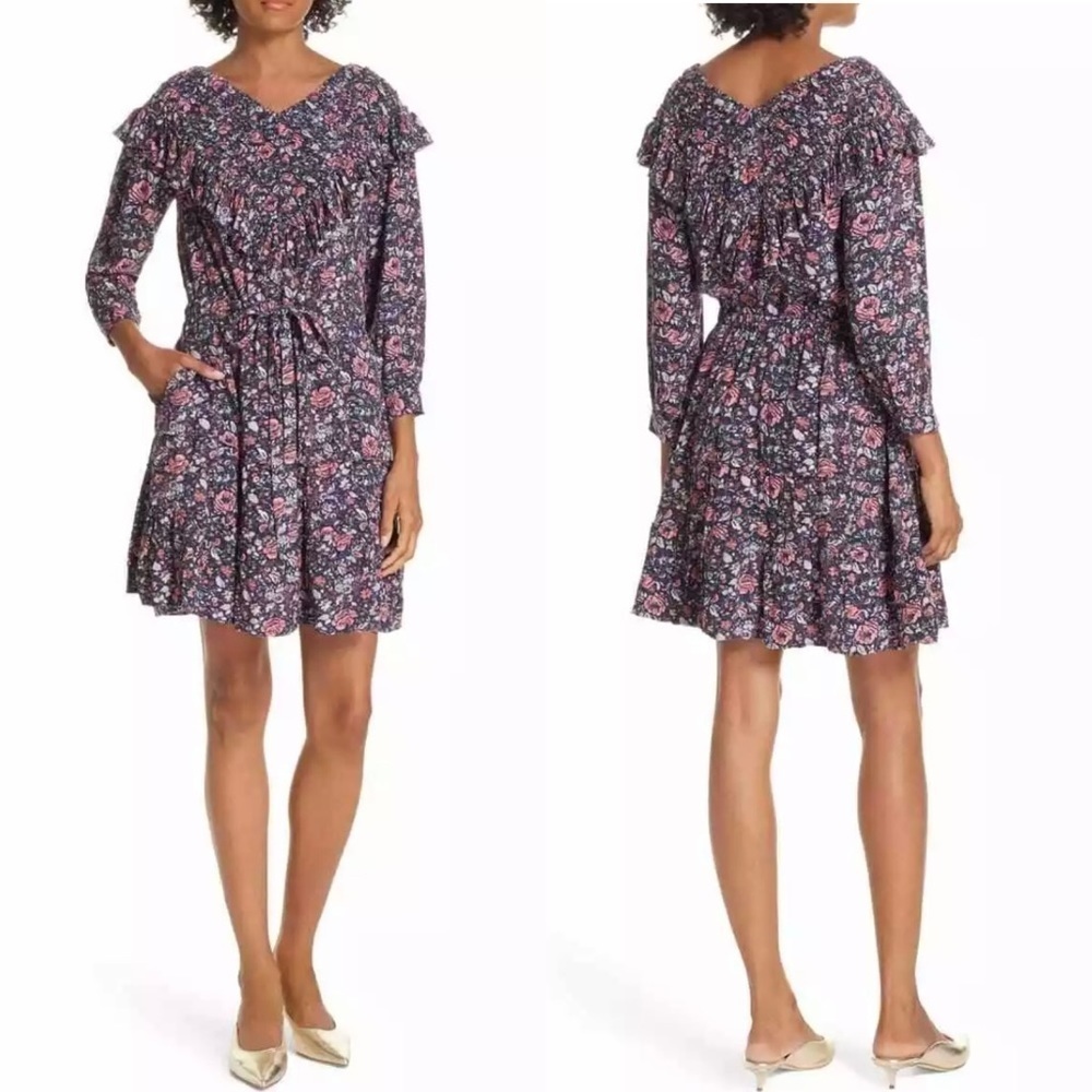 La Vie Rebecca Taylor Womens Floral Ruffle Dress Xs Blue Pocket Drawstring Waist